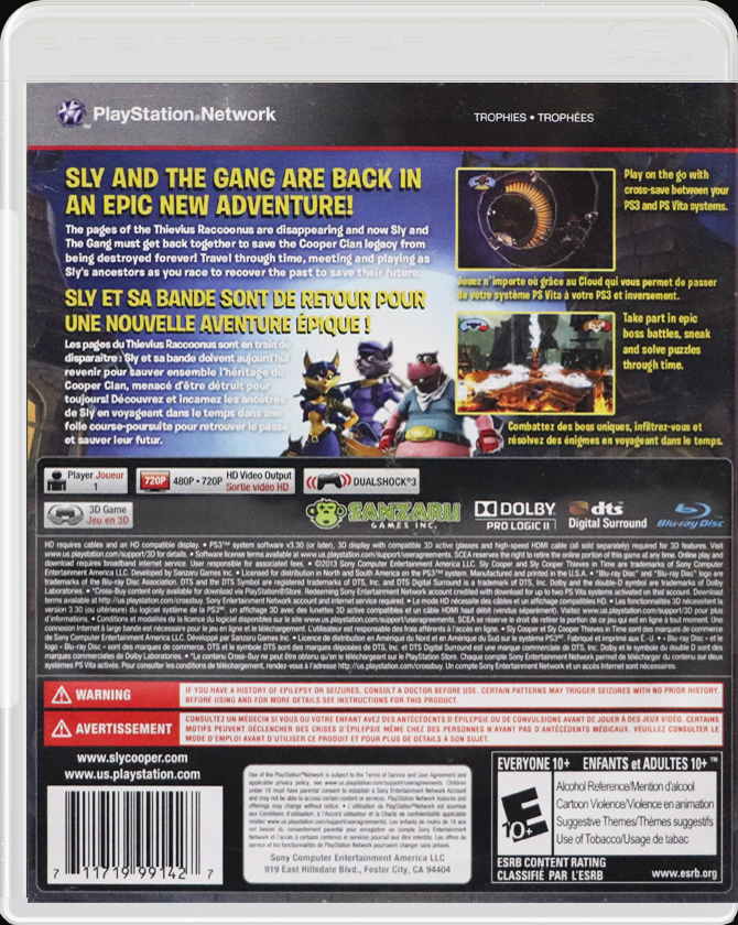 Sly Cooper: Thieves in Time PS3 back side cover case