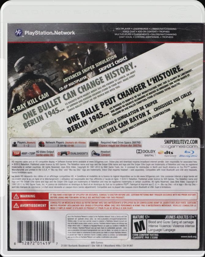 Sniper Elite V2 PS3 back side cover case