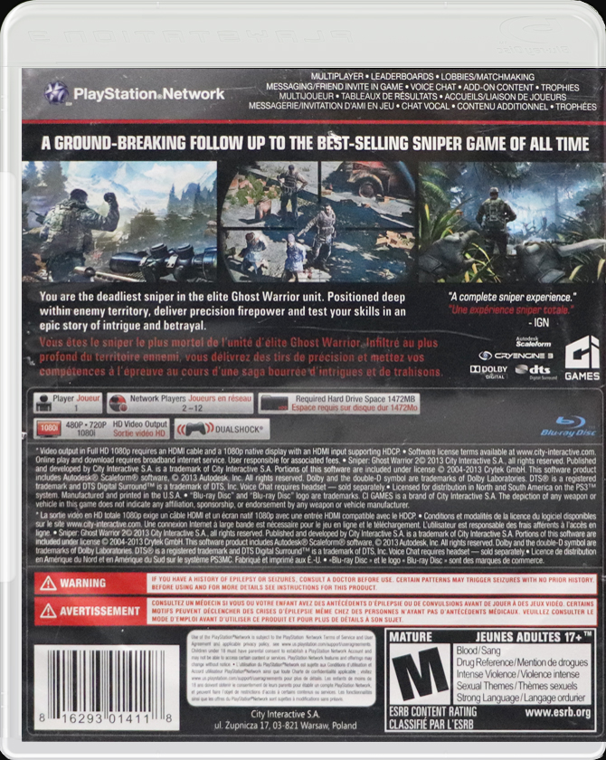 Sniper Ghost Warrior 2 PS3 back side cover case