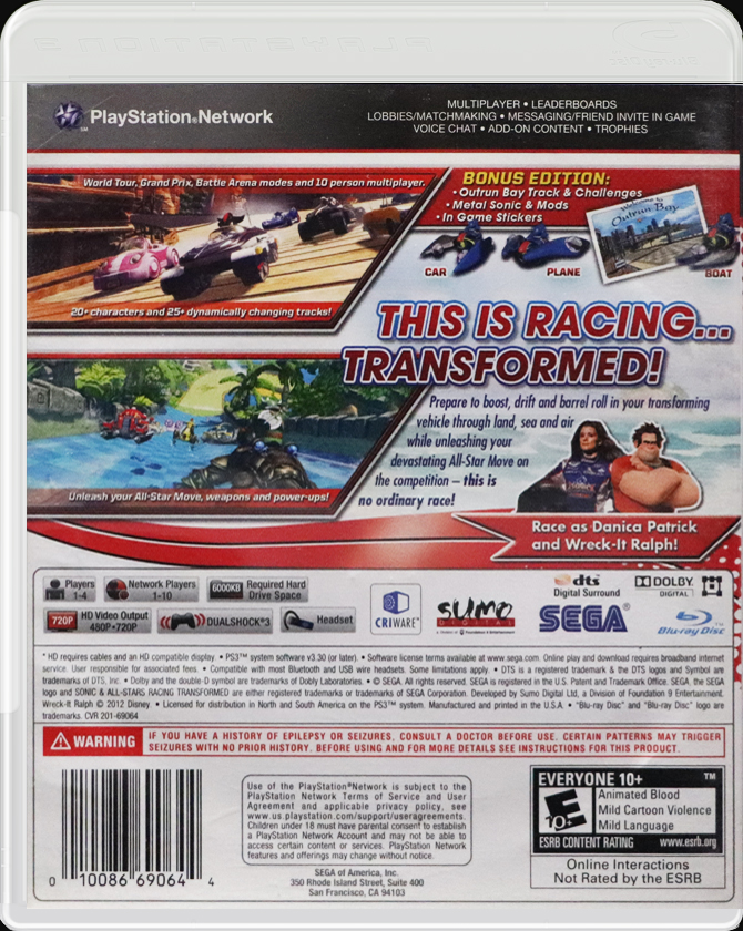 Sonic & All-Stars Racing Transformed PS3 back side cover case