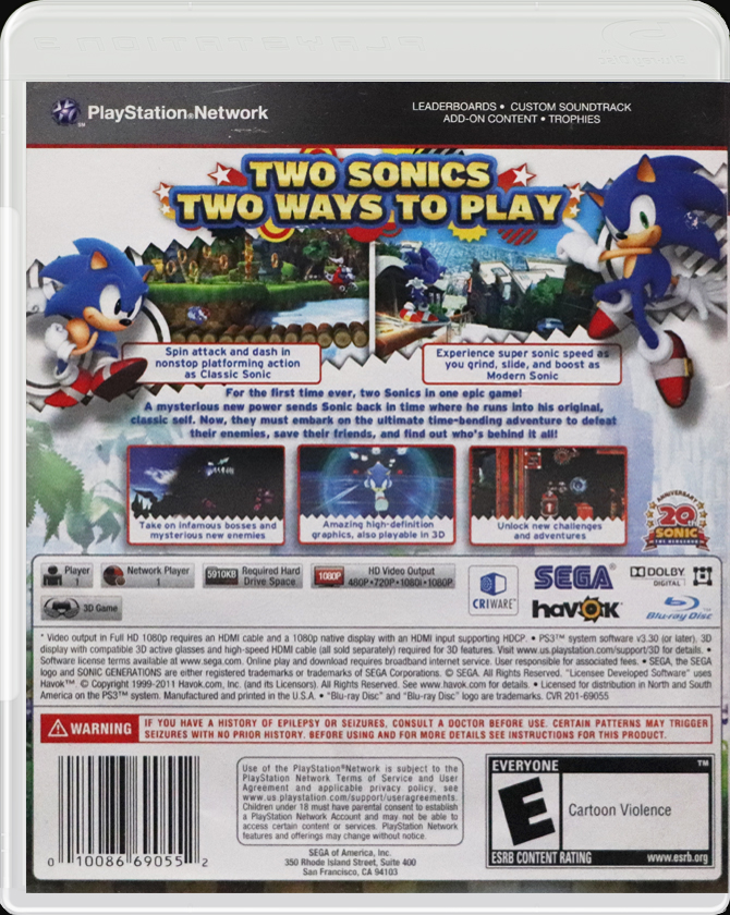 Sonic Generations PS3 back side cover case