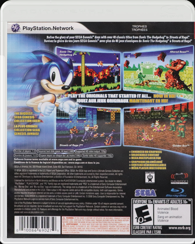 Sonic's Ultimate Genesis Collection PS3 back side cover case