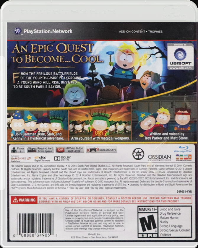 South Park The Stick of Truth PS3 back side cover case