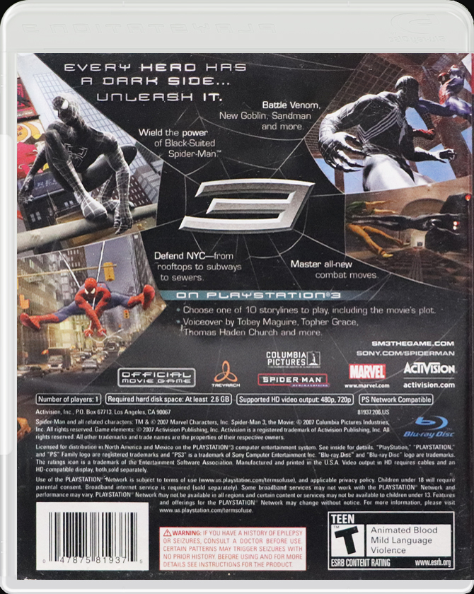 Spider-Man 3 PS3 back side cover case