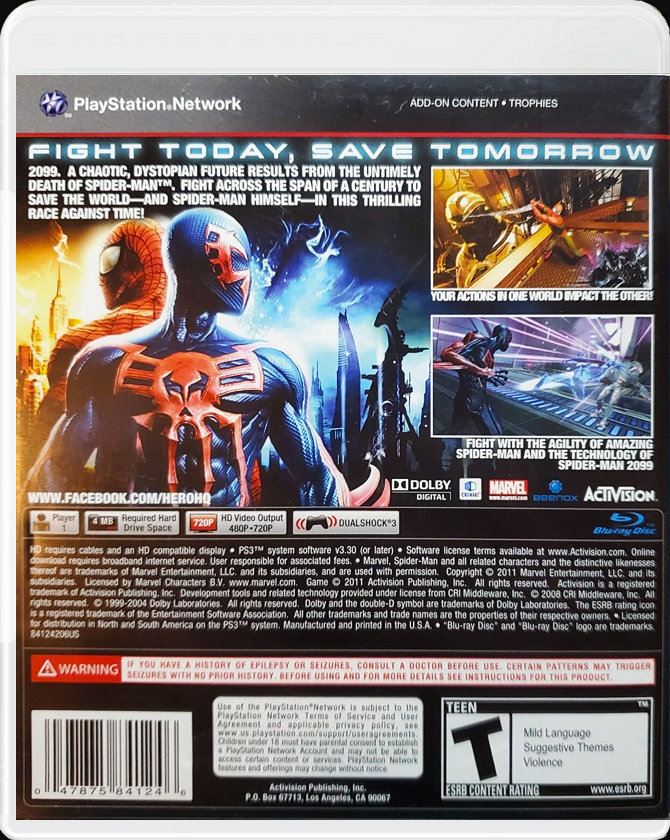 Spider-Man: Edge of Time PS3 back side cover case