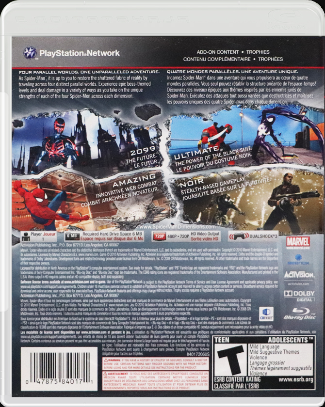 Spider-Man: Shattered Dimensions PS3 back side cover case