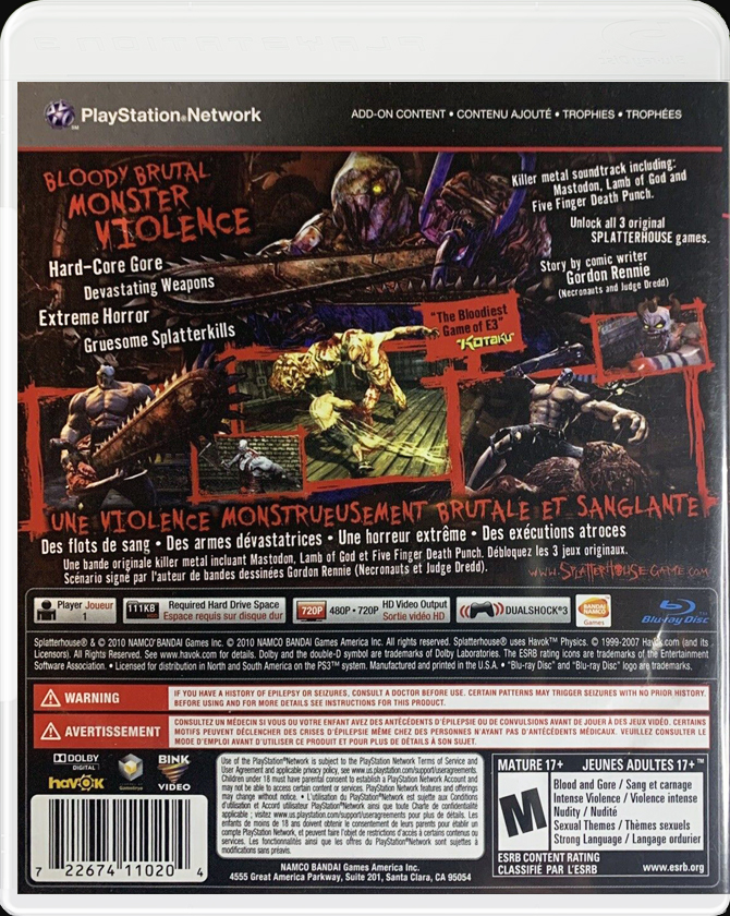 Splatterhouse PS3 back side cover case