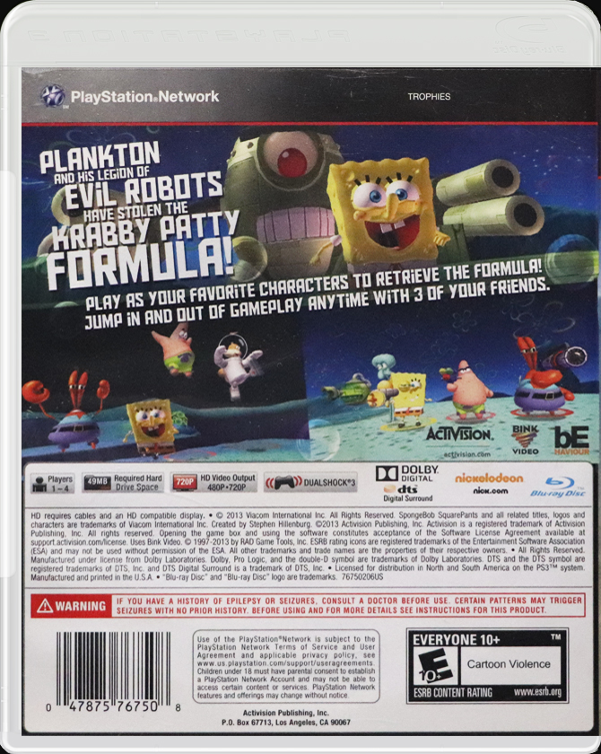 SpongeBob SquarePants Plankton's Robotic Revenge PS3 back side cover case