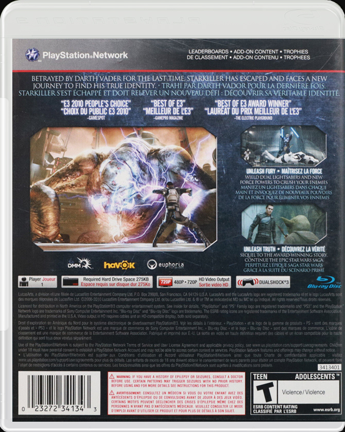 Star Wars: The Force Unleashed II PS3 back side cover case