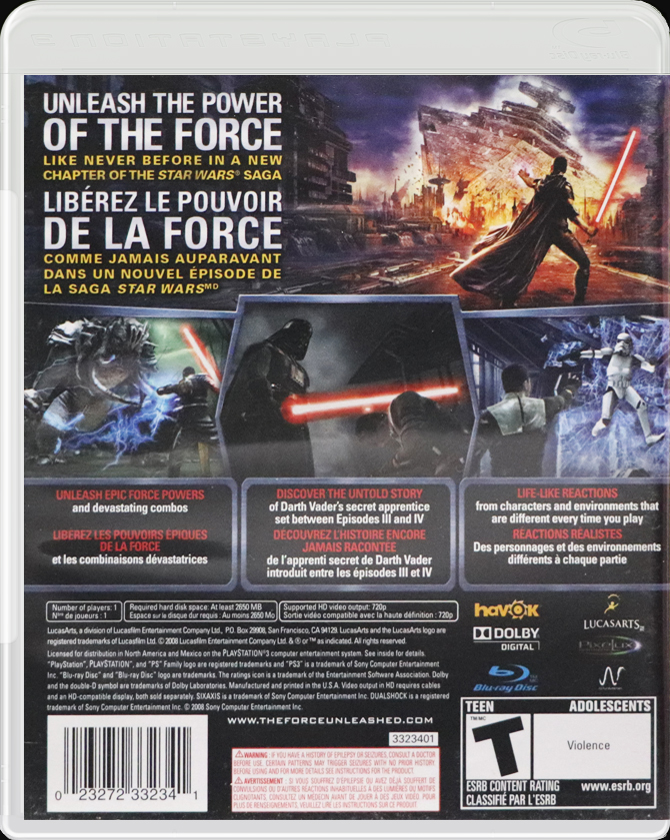 Star Wars: The Force Unleashed PS3 back side cover case