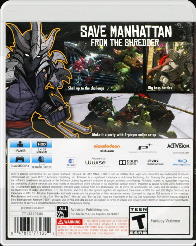 Teenage Mutant Ninja Turtles: Mutants in Manhattan PS3 back side cover case