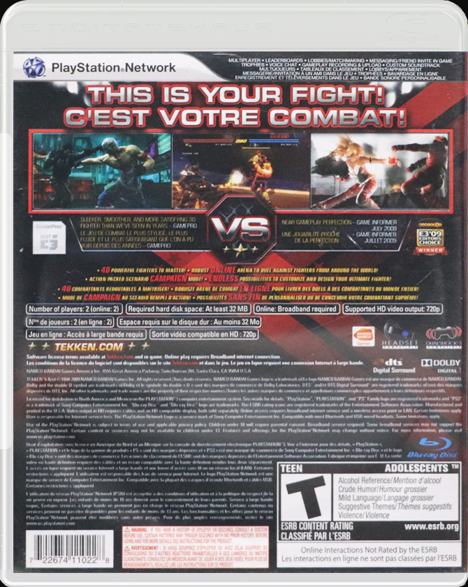 Tekken 6 PS3 back side cover case