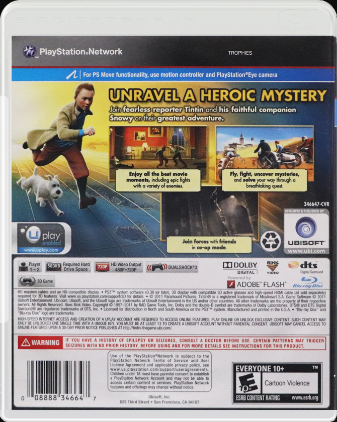 The Adventures of Tintin The Secret of the Unicorn PS3 back side cover case