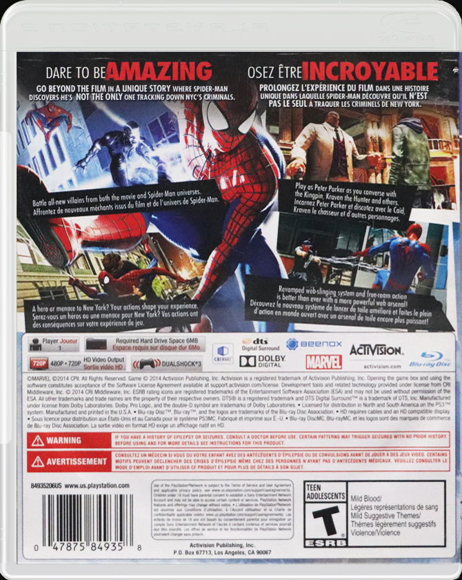 The Amazing Spider-Man 2 PS3 back side cover case