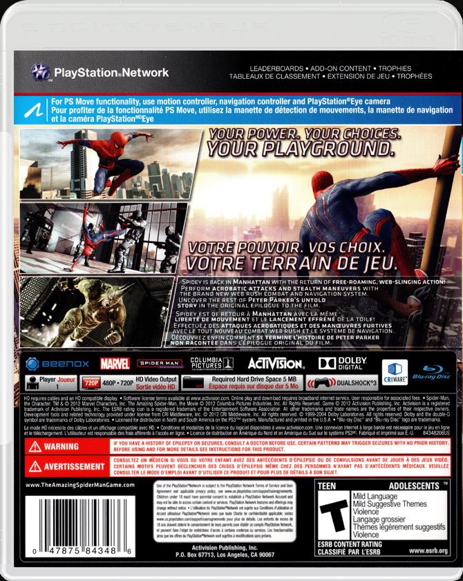 The Amazing Spider-Man PS3 back side cover case