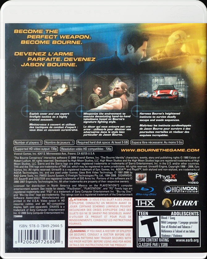 Robert Ludlum's The Bourne Conspiracy PS3 back side cover case