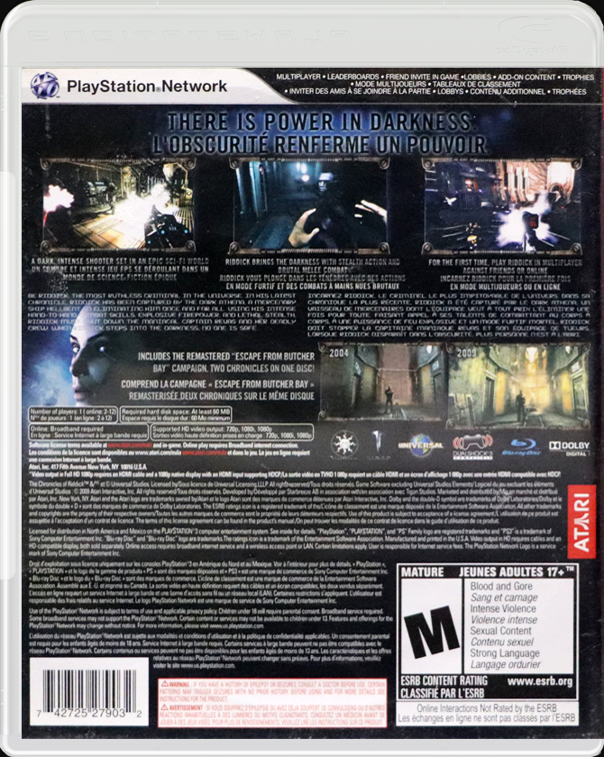 The Chronicles of Riddick Assault on Dark Athena PS3 back side cover case