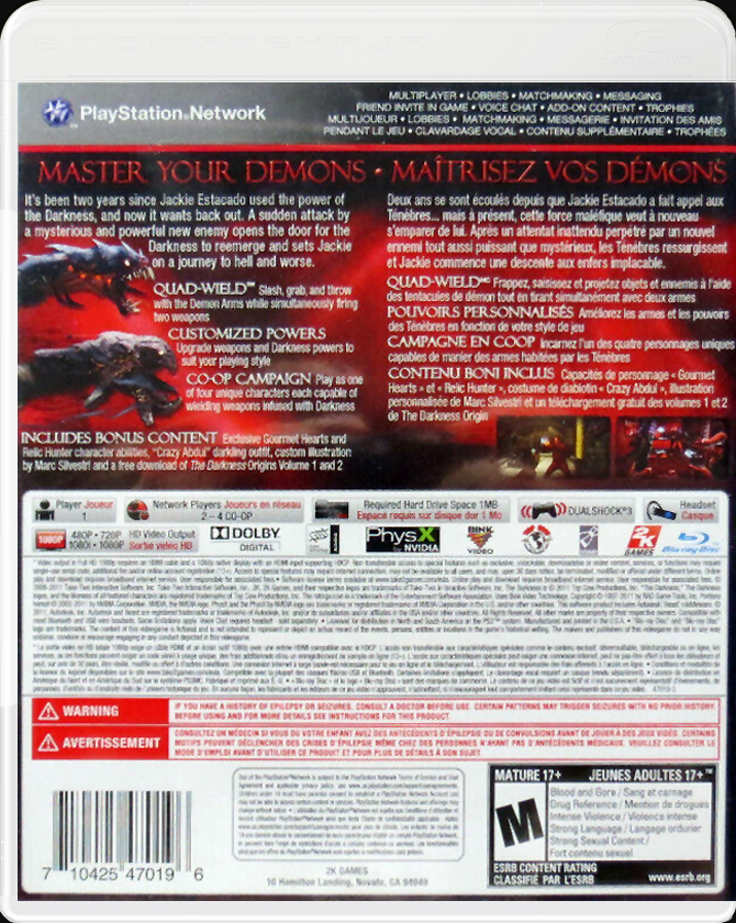 The Darkness II Limited Edition PS3 back side cover case