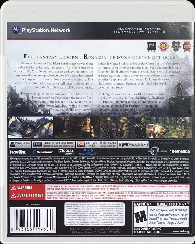 The Elder Scrolls V: Skyrim PS3 back side cover case