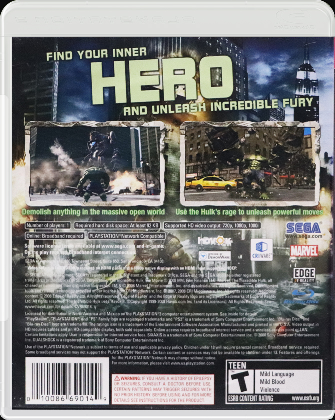 The Incredible Hulk PS3 back side cover case