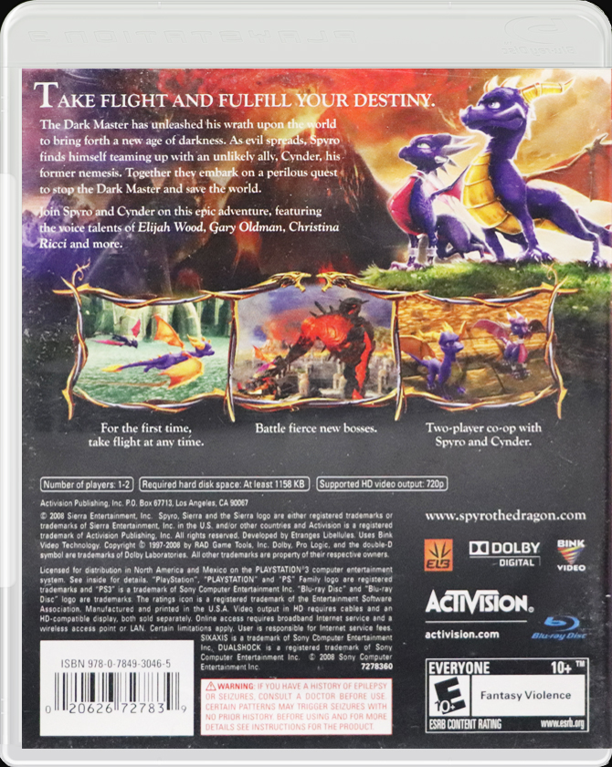 The Legend of Spyro Dawn of the Dragon PS3 back side cover case