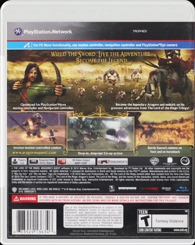 The Lord of the Rings Aragorn's Quest PS3 back side cover case