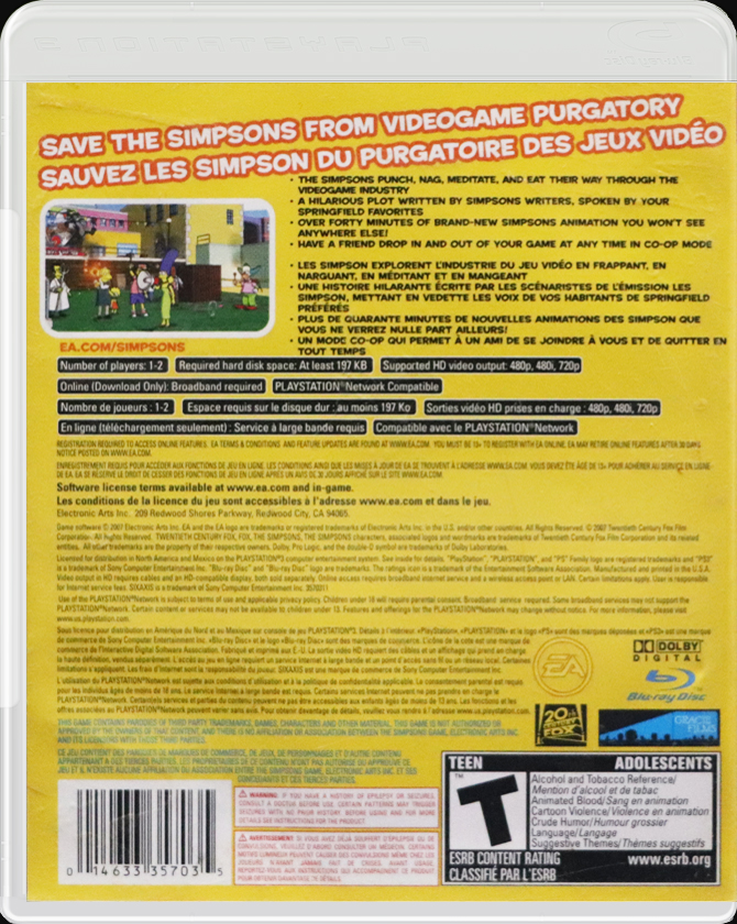 The Simpsons Game PS3 back side cover case