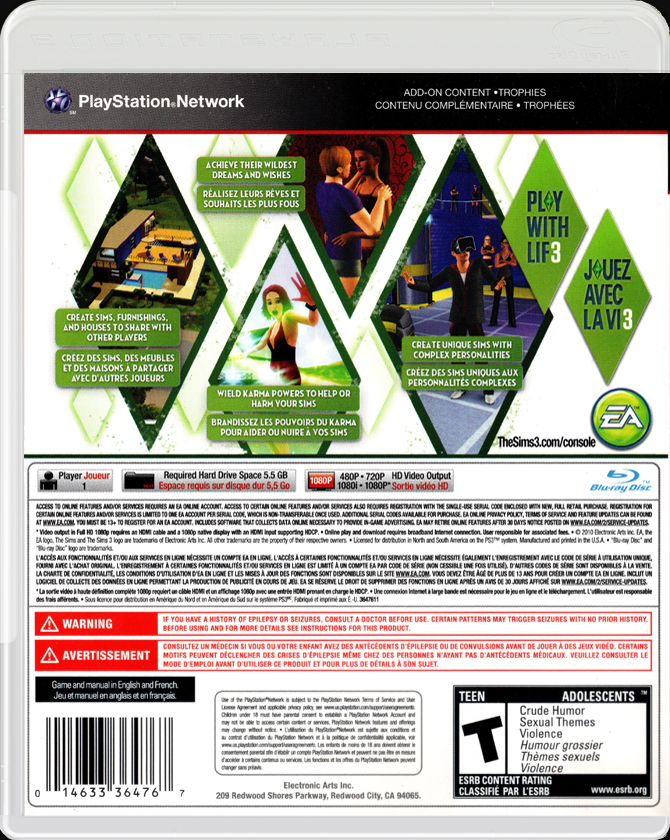 The Sims 3 PS3 back side cover case