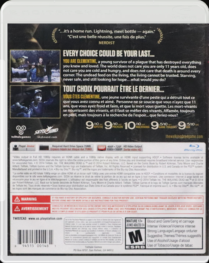 The Walking Dead Season Two A Telltale Games Series PS3 back side cover case