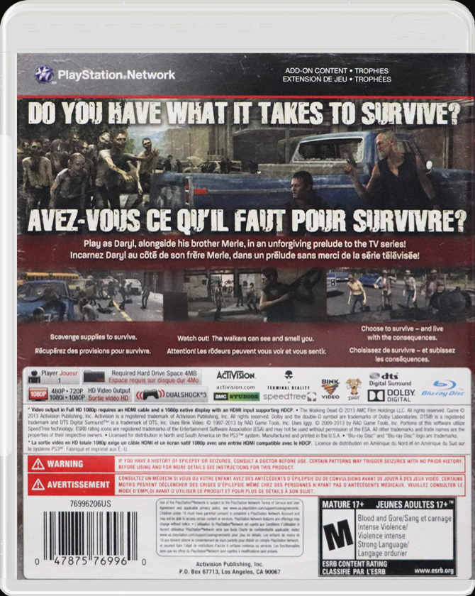 Walking Dead Survival Instinct PS3 back side cover case