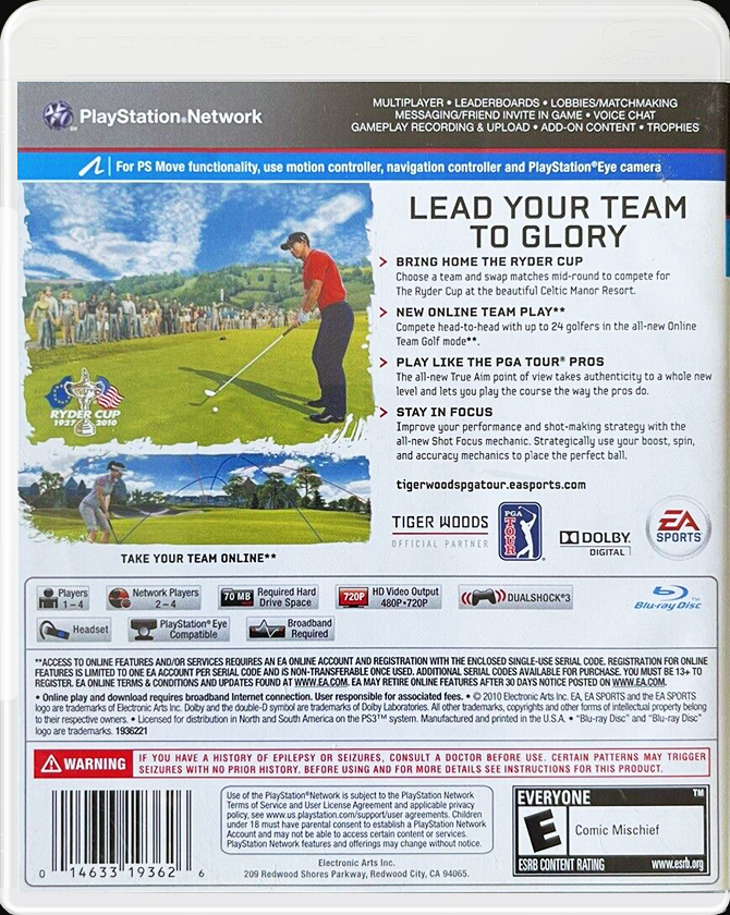 Tiger Woods PGA Tour 11 PS3 back side cover case