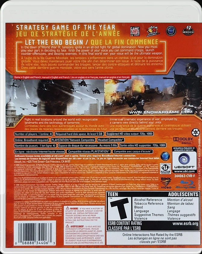 Tom Clancy's EndWar PS3 back side cover case