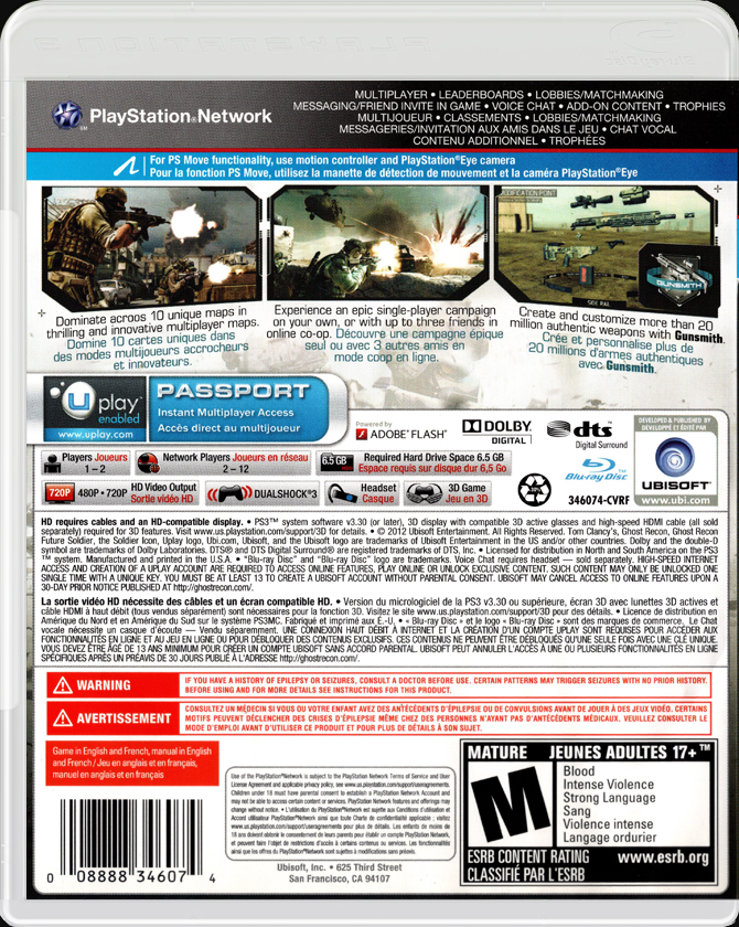 Tom Clancys Ghost Recon Future Soldier PS3 back side cover case