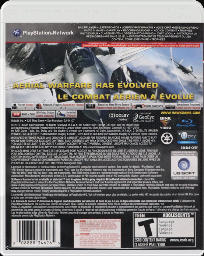 Tom Clancy's H.A.W.X 2 PS3 back side cover case