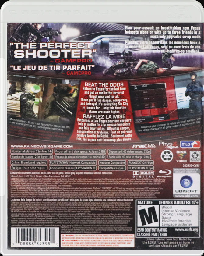 Tom Clancy's Rainbow Six Vegas 2 PS3 back side cover case