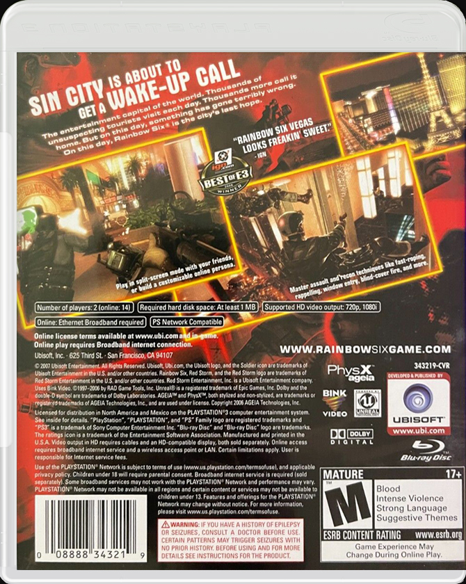 Tom Clancy's Rainbow Six: Vegas PS3 back side cover case