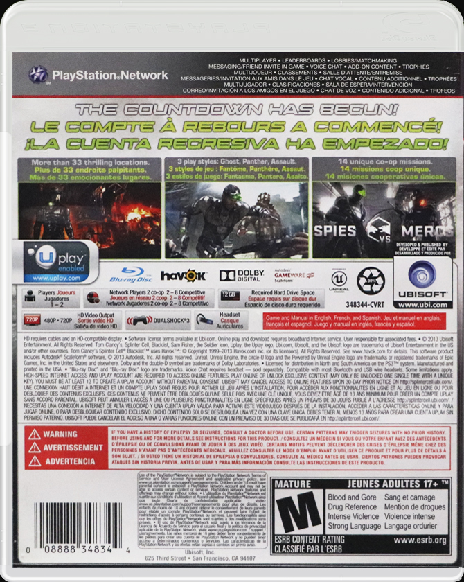 Tom Clancy's Splinter Cell Blacklist PS3 back side cover case