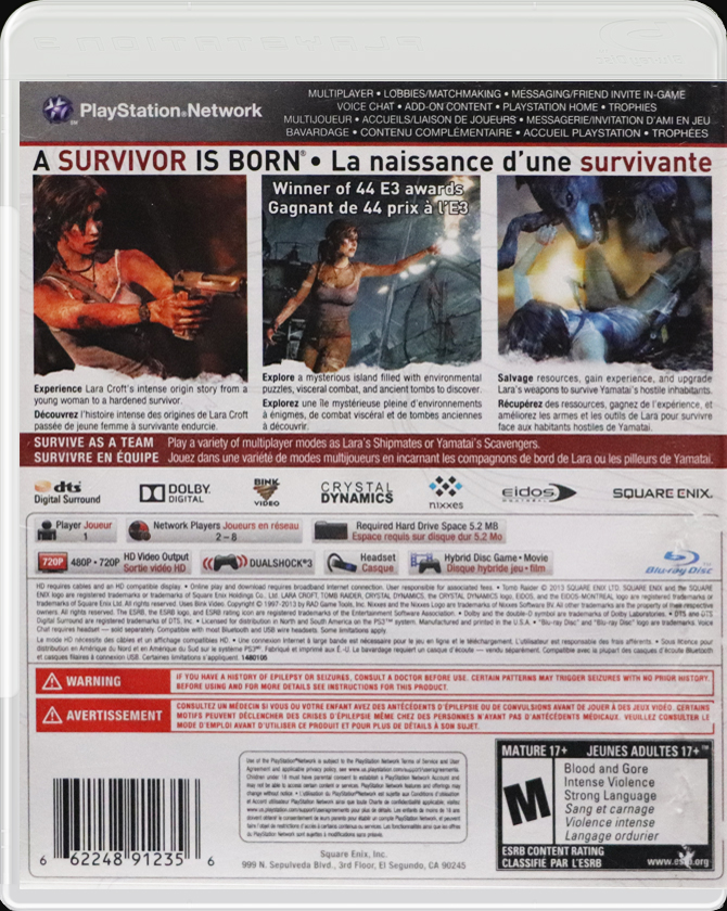 Tomb Raider PS3 back side cover case