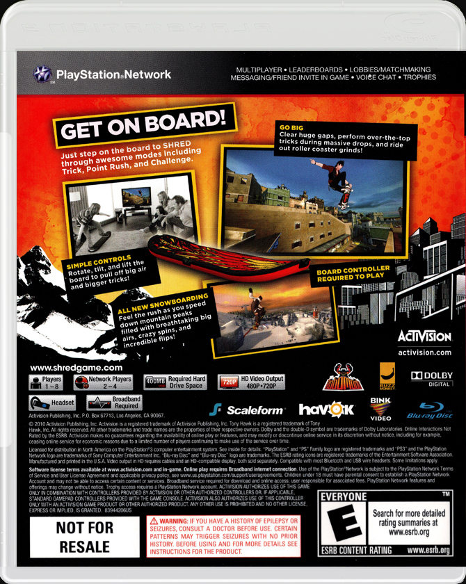 Tony Hawk Shred PS3 back side cover case