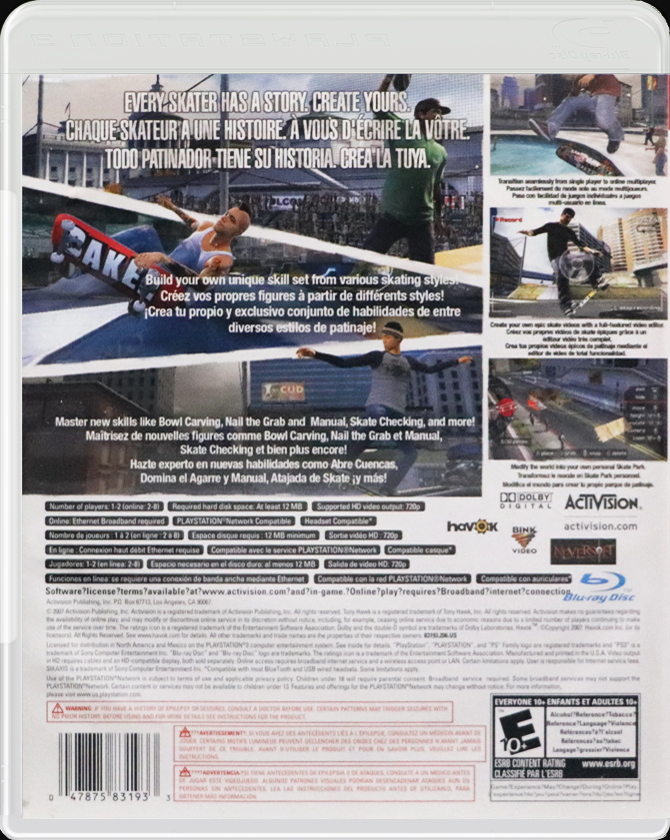 Tony Hawk's Proving Ground PS3 back side cover case