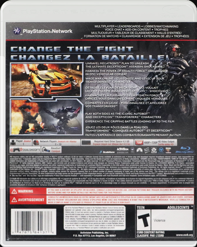 Transformers: Dark of the Moon PS3 back side cover case