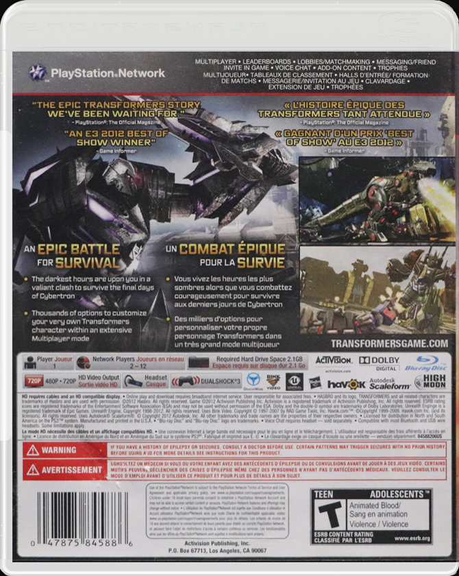 Transformers Fall of Cybertron PS3 back side cover case