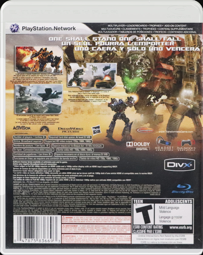 Transformers: Revenge of the Fallen PS3 back side cover case