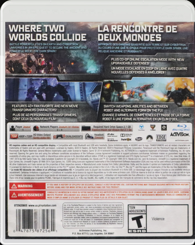 Transformers: Rise of the Dark Spark PS3 back side cover case