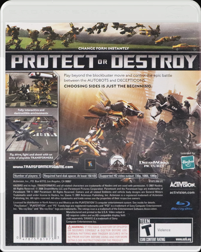 Transformers: The Game PS3 back side cover case