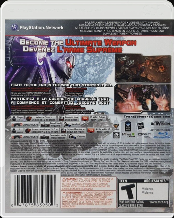 Transformers: War for Cybertron PS3 back side cover case