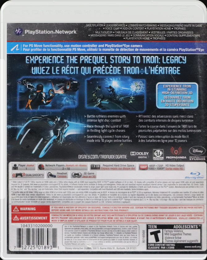 Tron: Evolution PS3 back side cover case