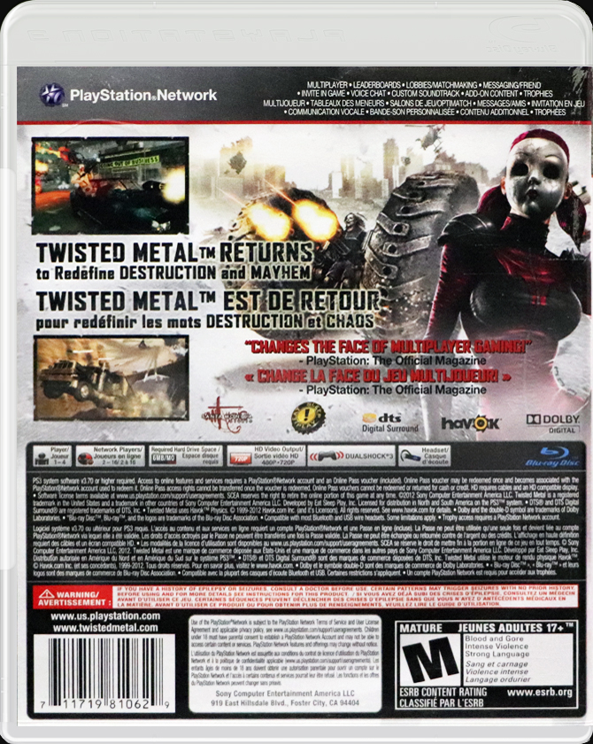 Twisted Metal Limited Edition PS3 back side cover case