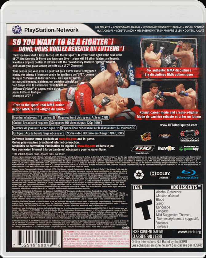 UFC 2009 Undisputed PS3 back side cover case