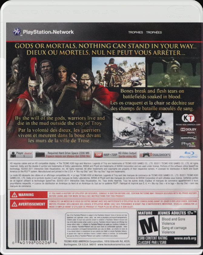 Warriors: Legends of Troy PS3 back side cover case